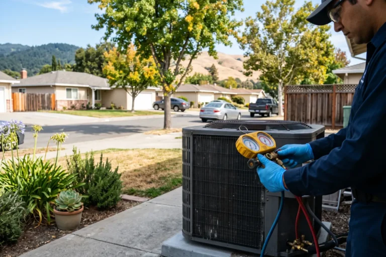 Technician checking refrigerant pressure on an outdoor AC unit
